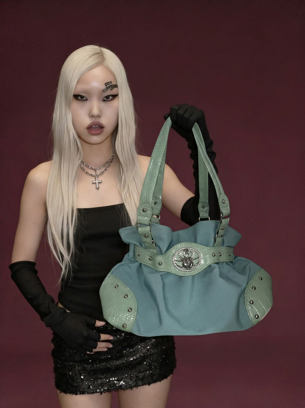 Mint Green Y2K Hobo Bag with Scarab Medallion & Croc-Embossed Trim
