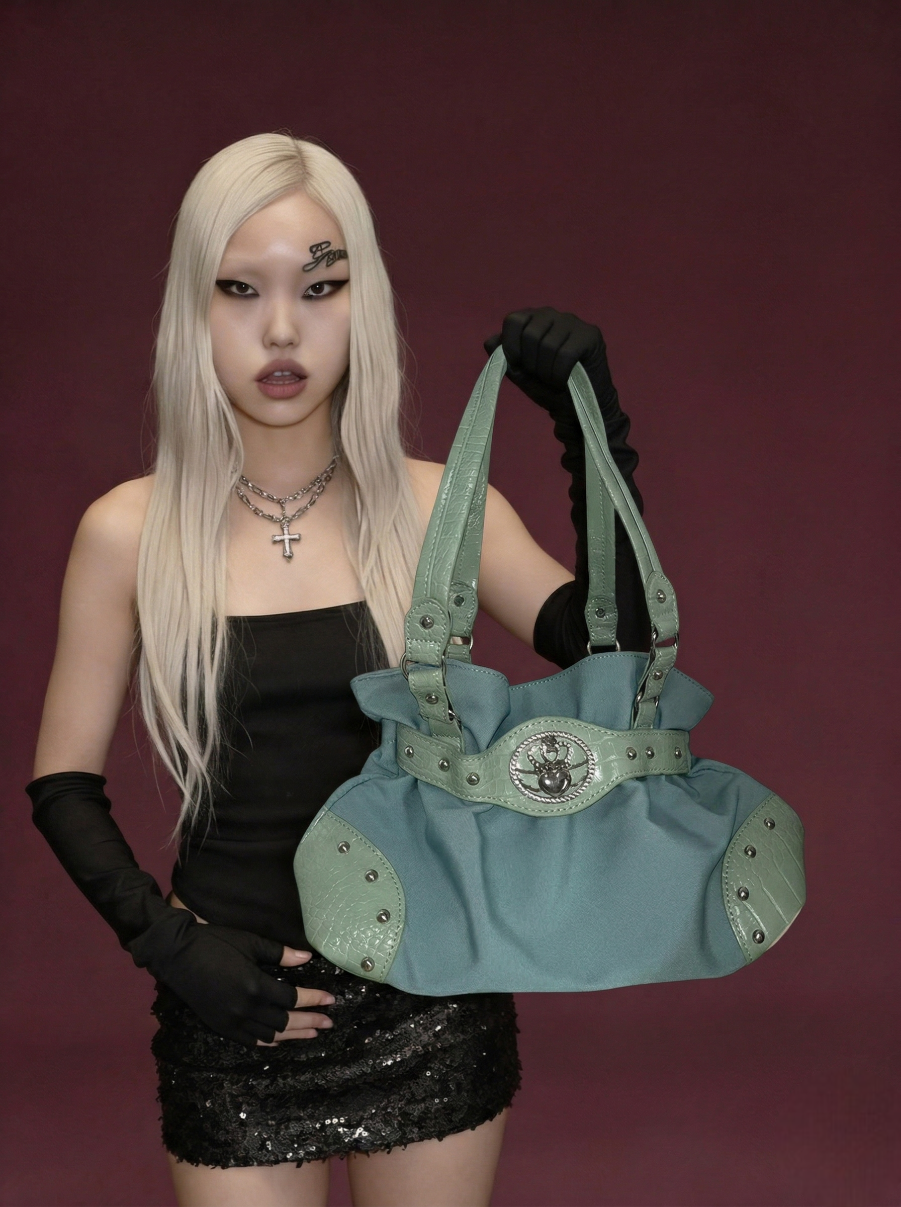 Mint Green Y2K Hobo Bag with Scarab Medallion & Croc-Embossed Trim