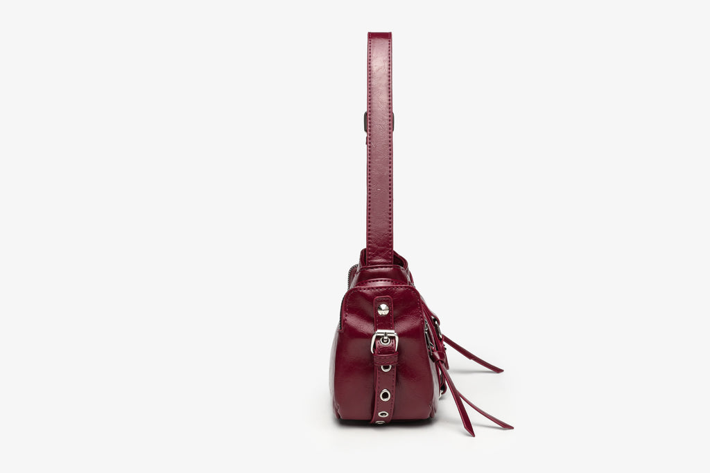 Cherry Red Studded Moto Top Handle Bag with Multi-Zip & Buckle Detail