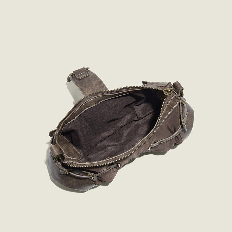 Mocha Brown Buckle Strap Shoulder Bag with Distressed Leather Trim