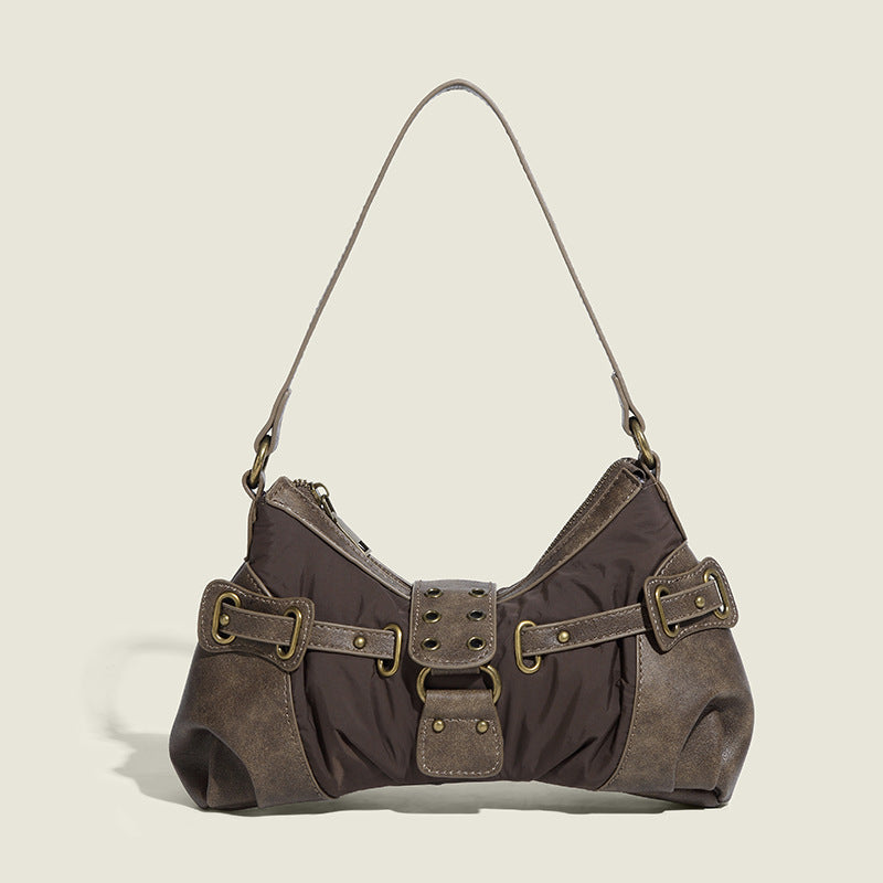 Mocha Brown Buckle Strap Shoulder Bag with Distressed Leather Trim