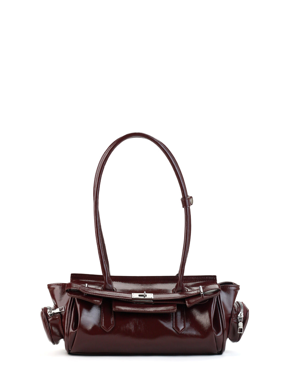 Burgundy Patent Structured Top Handle Bag with Turn-Lock & Side Pocket Detail