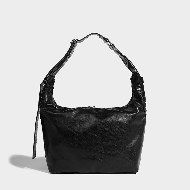 Black Distressed Leather Oversized Multi-Pocket Moto Shoulder Bag with Studs & Buckles