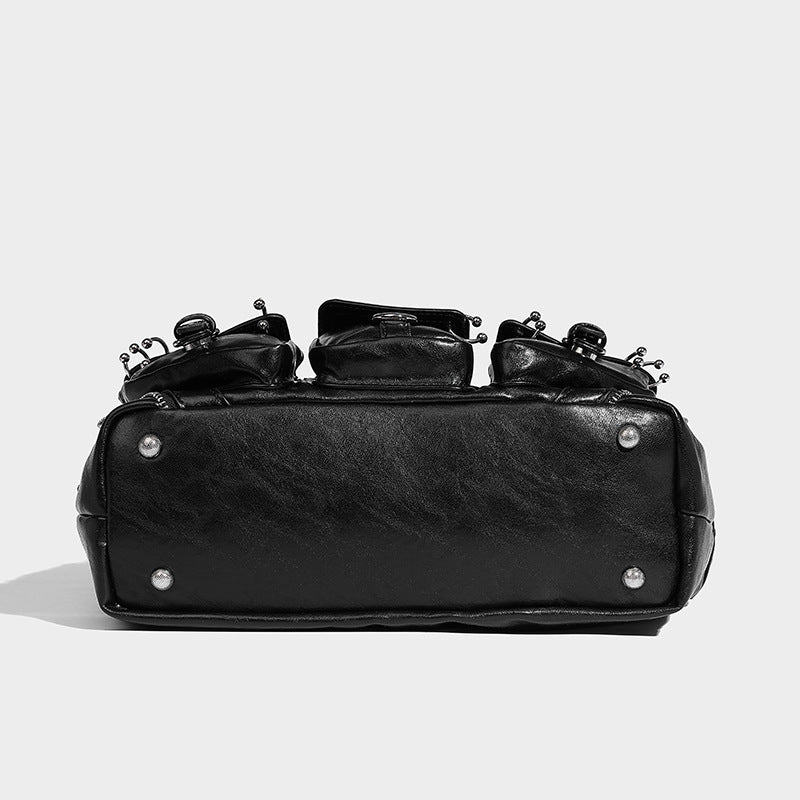 Black Distressed Leather Oversized Multi-Pocket Moto Shoulder Bag with Studs & Buckles
