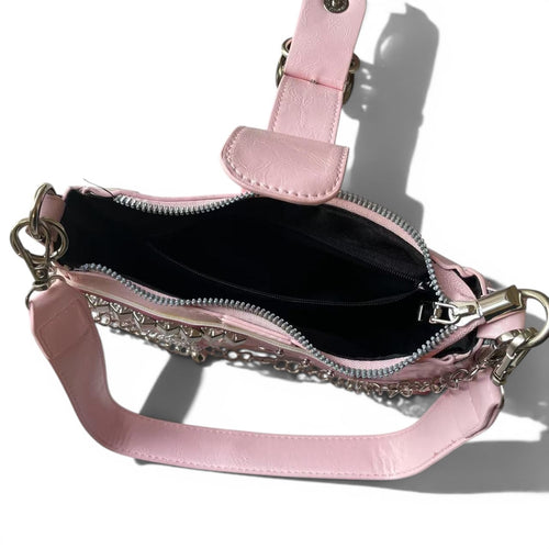 Baby Pink Mini Shoulder Bag with Star Studs, Draped Chains & Heart Ring Detail