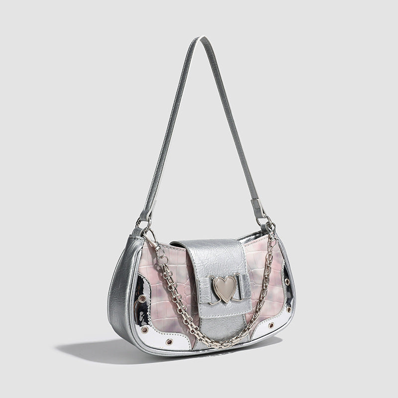 Pink Croc & Silver Metallic Flap Baguette Bag with Heart Logo Clasp & Chain Strap