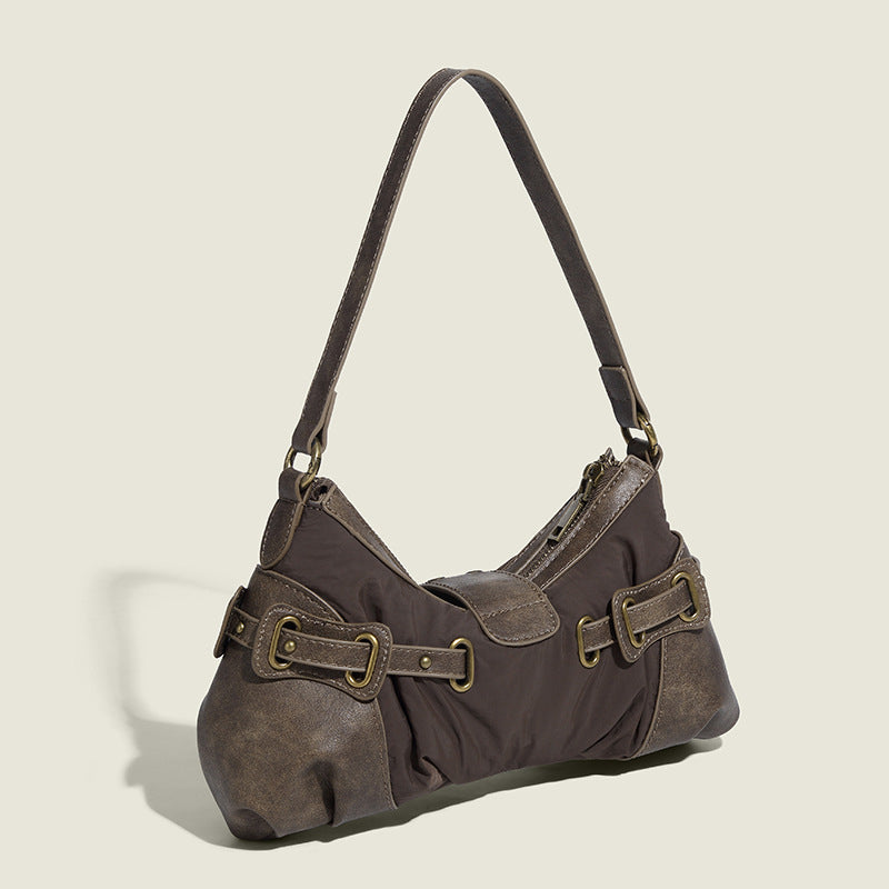 Mocha Brown Buckle Strap Shoulder Bag with Distressed Leather Trim