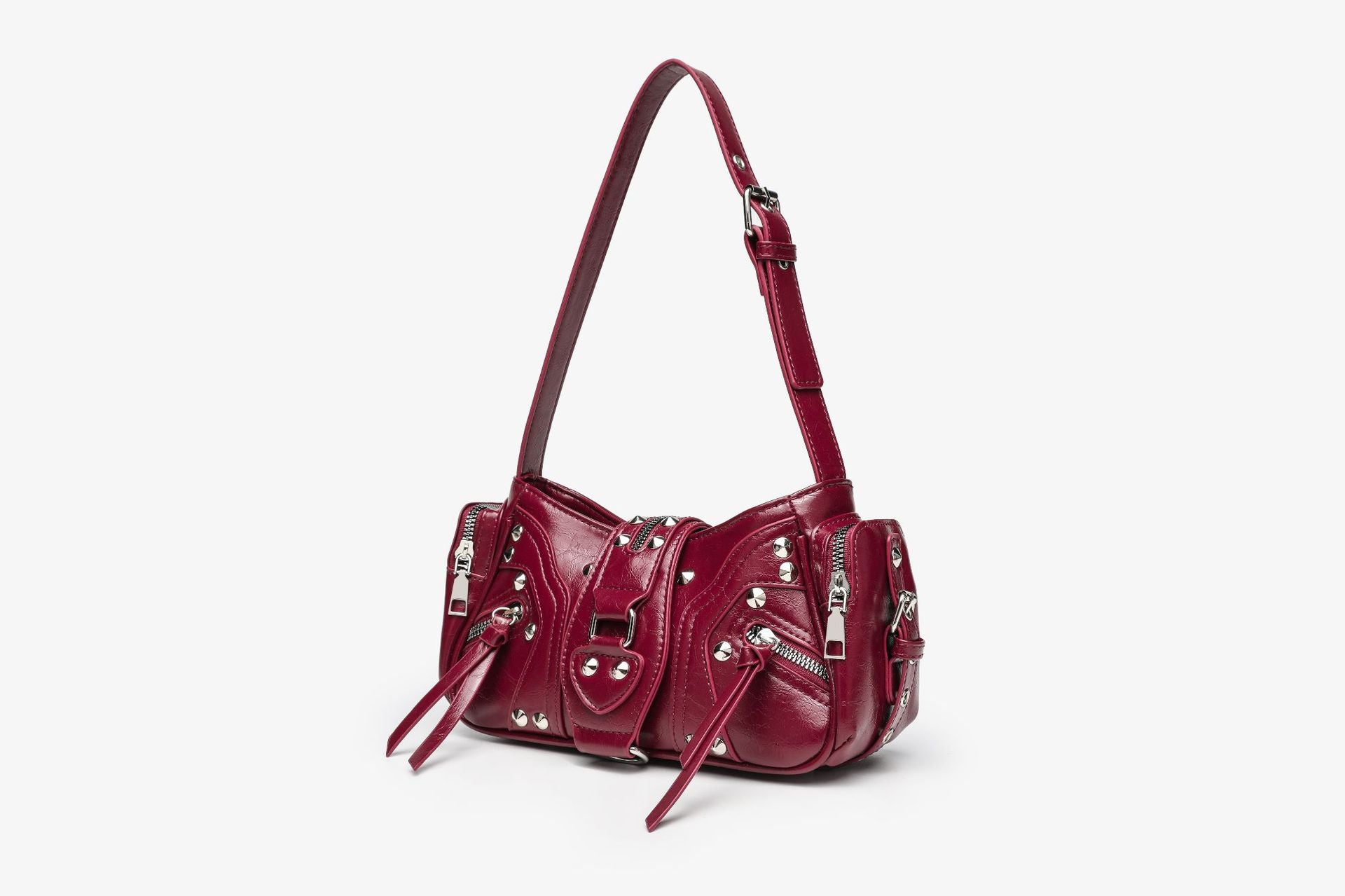 Cherry Red Studded Moto Top Handle Bag with Multi-Zip & Buckle Detail