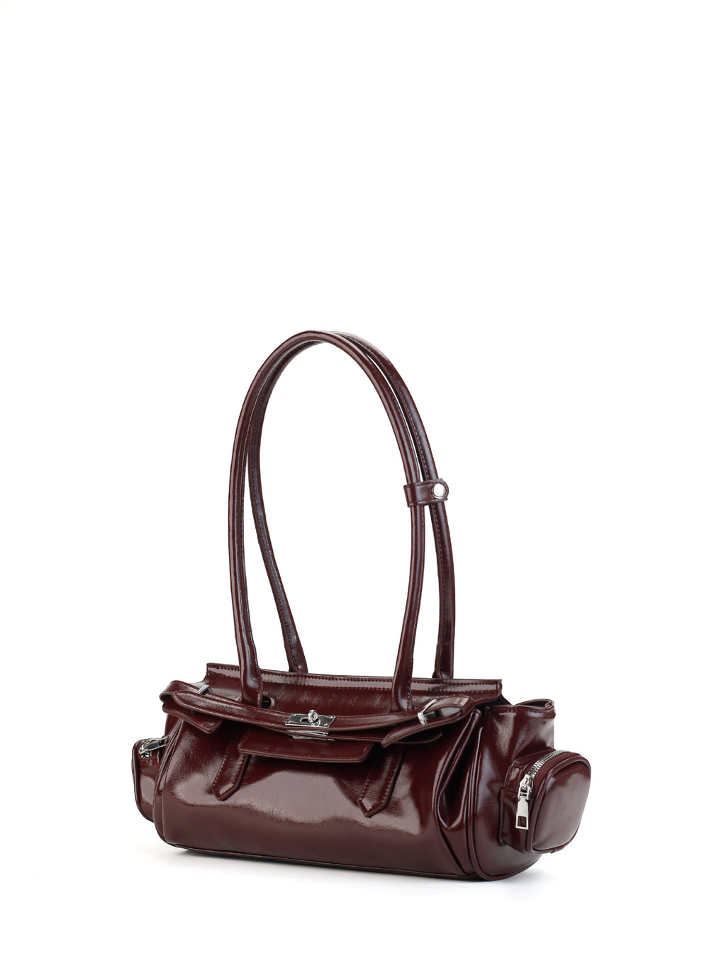 Burgundy Patent Structured Top Handle Bag with Turn-Lock & Side Pocket Detail
