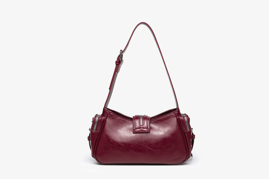 Cherry Red Studded Moto Top Handle Bag with Multi-Zip & Buckle Detail