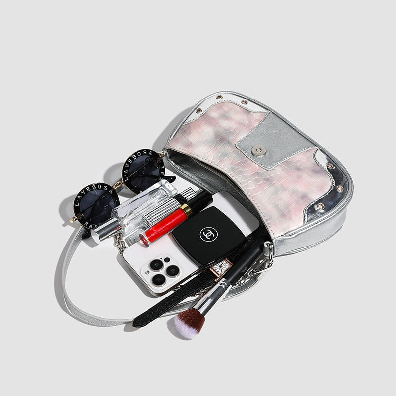 Pink Croc & Silver Metallic Flap Baguette Bag with Heart Logo Clasp & Chain Strap