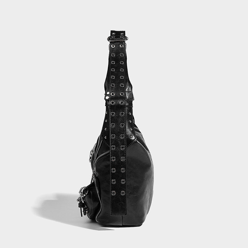 Black Distressed Leather Oversized Multi-Pocket Moto Shoulder Bag with Studs & Buckles
