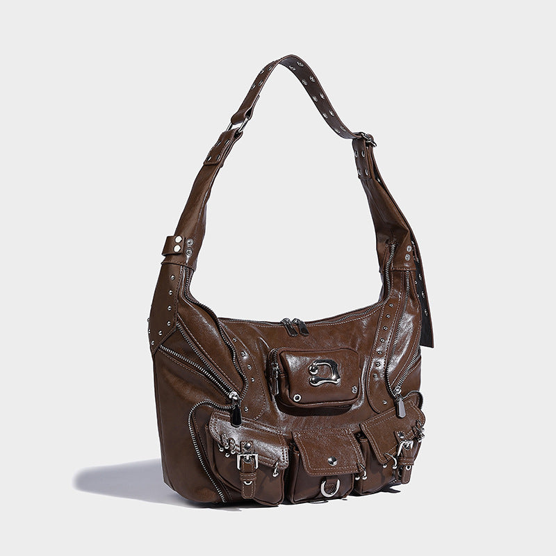 Tan Brown Washed Leather Oversized Multi-Pocket Utility Shoulder Bag with Buckle & Stud Detail