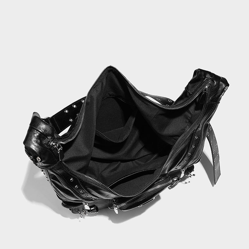 Black Distressed Leather Oversized Multi-Pocket Moto Shoulder Bag with Studs & Buckles
