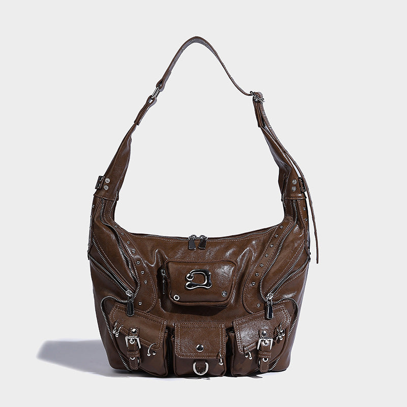 Tan Brown Washed Leather Oversized Multi-Pocket Utility Shoulder Bag with Buckle & Stud Detail