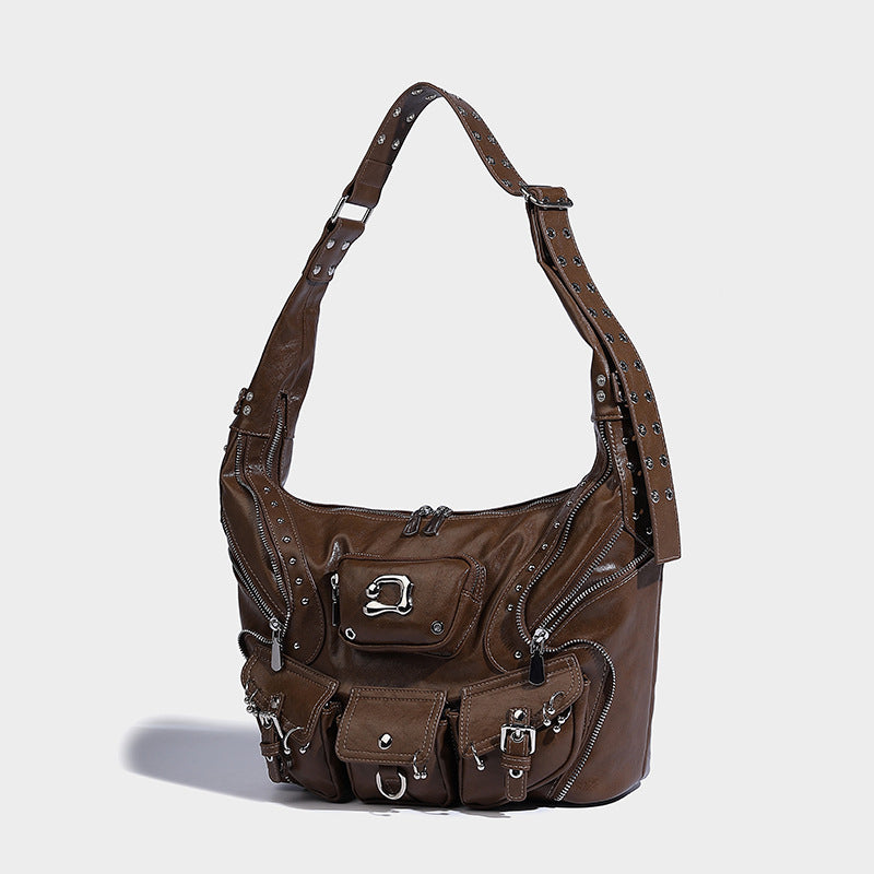 Tan Brown Washed Leather Oversized Multi-Pocket Utility Shoulder Bag with Buckle & Stud Detail