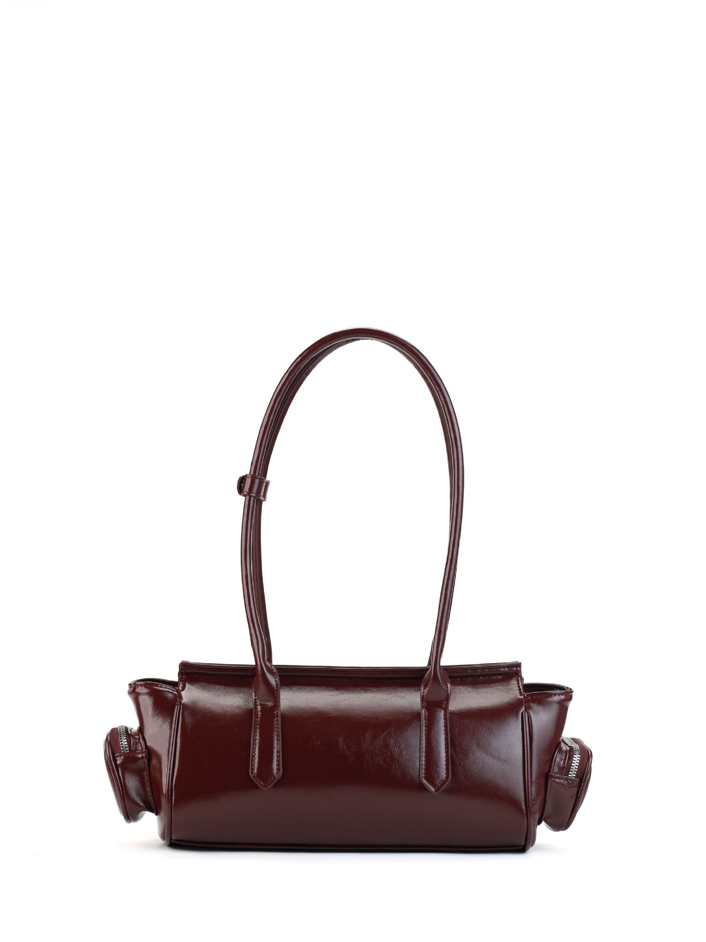 Burgundy Patent Structured Top Handle Bag with Turn-Lock & Side Pocket Detail