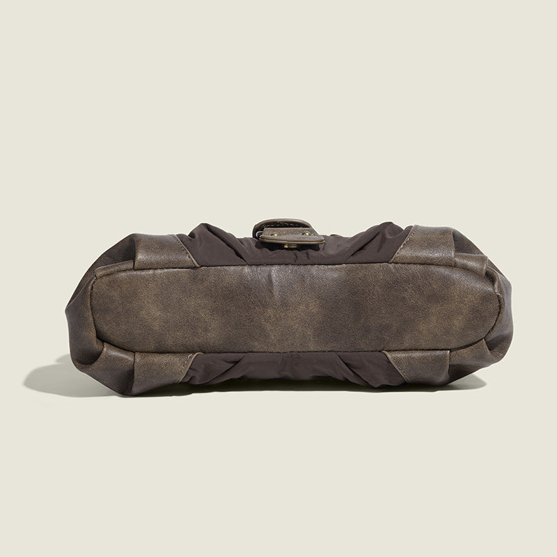 Mocha Brown Buckle Strap Shoulder Bag with Distressed Leather Trim