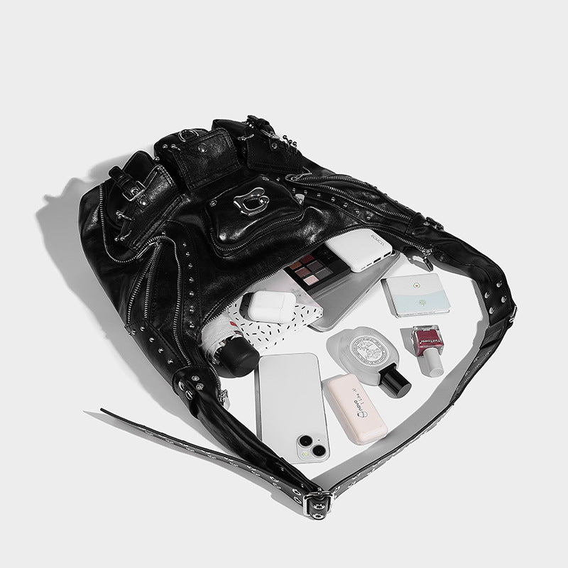 Black Distressed Leather Oversized Multi-Pocket Moto Shoulder Bag with Studs & Buckles