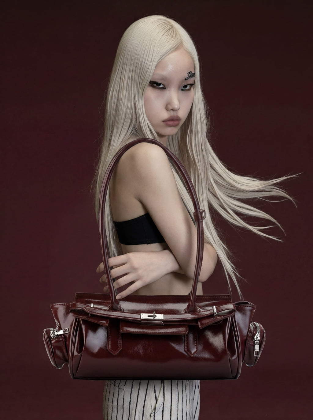 Burgundy Patent Structured Top Handle Bag with Turn-Lock & Side Pocket Detail