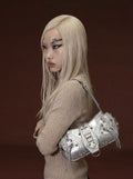 Silver Metallic Moto Biker Shoulder Bag with Multi-Zip & Stud Detail