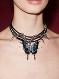 Black Leather Cord & Barbed Chain Choker with Dark Blue Crystal Butterfly & Spikes