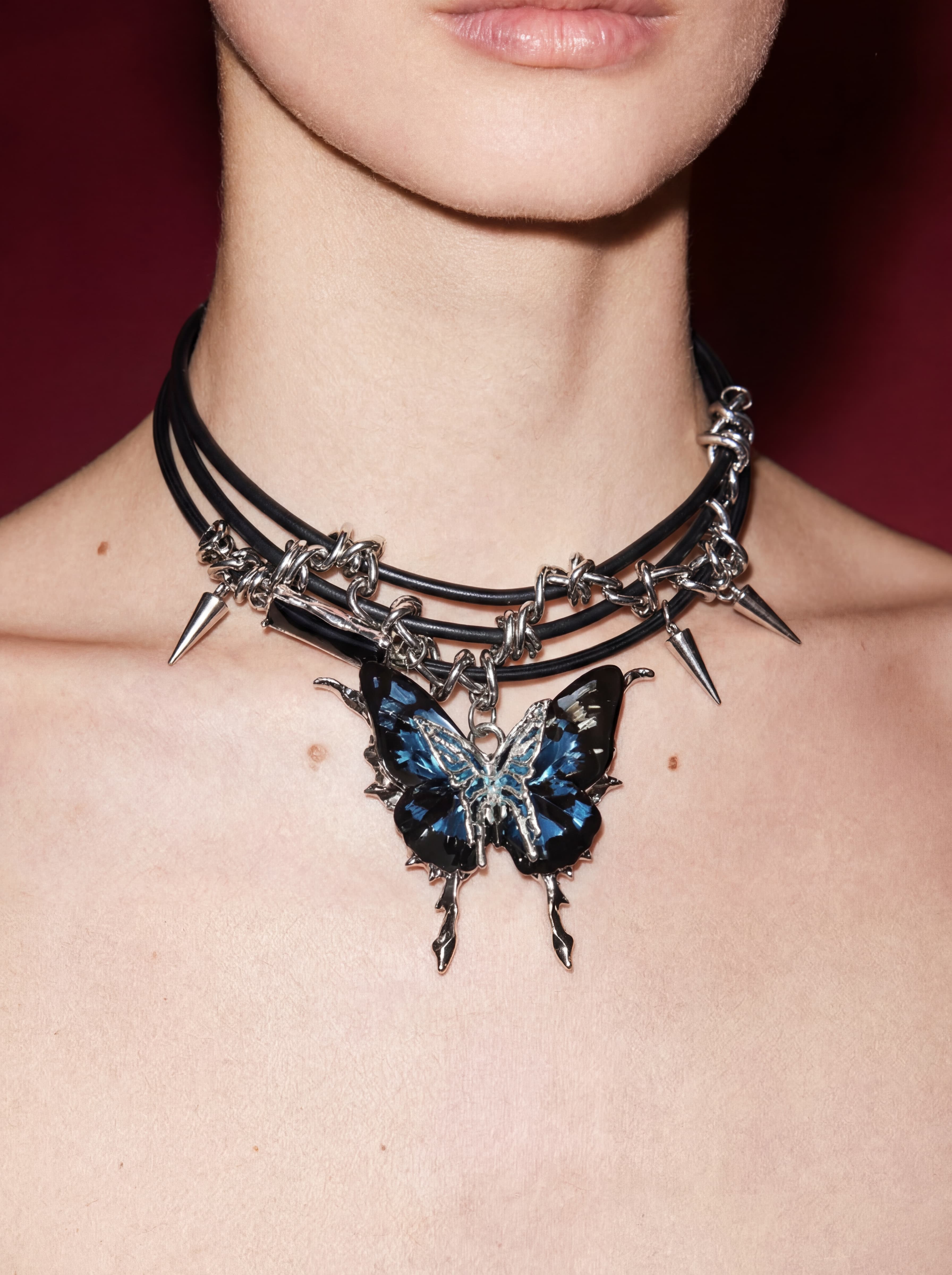 Black Leather Cord & Barbed Chain Choker with Dark Blue Crystal Butterfly & Spikes