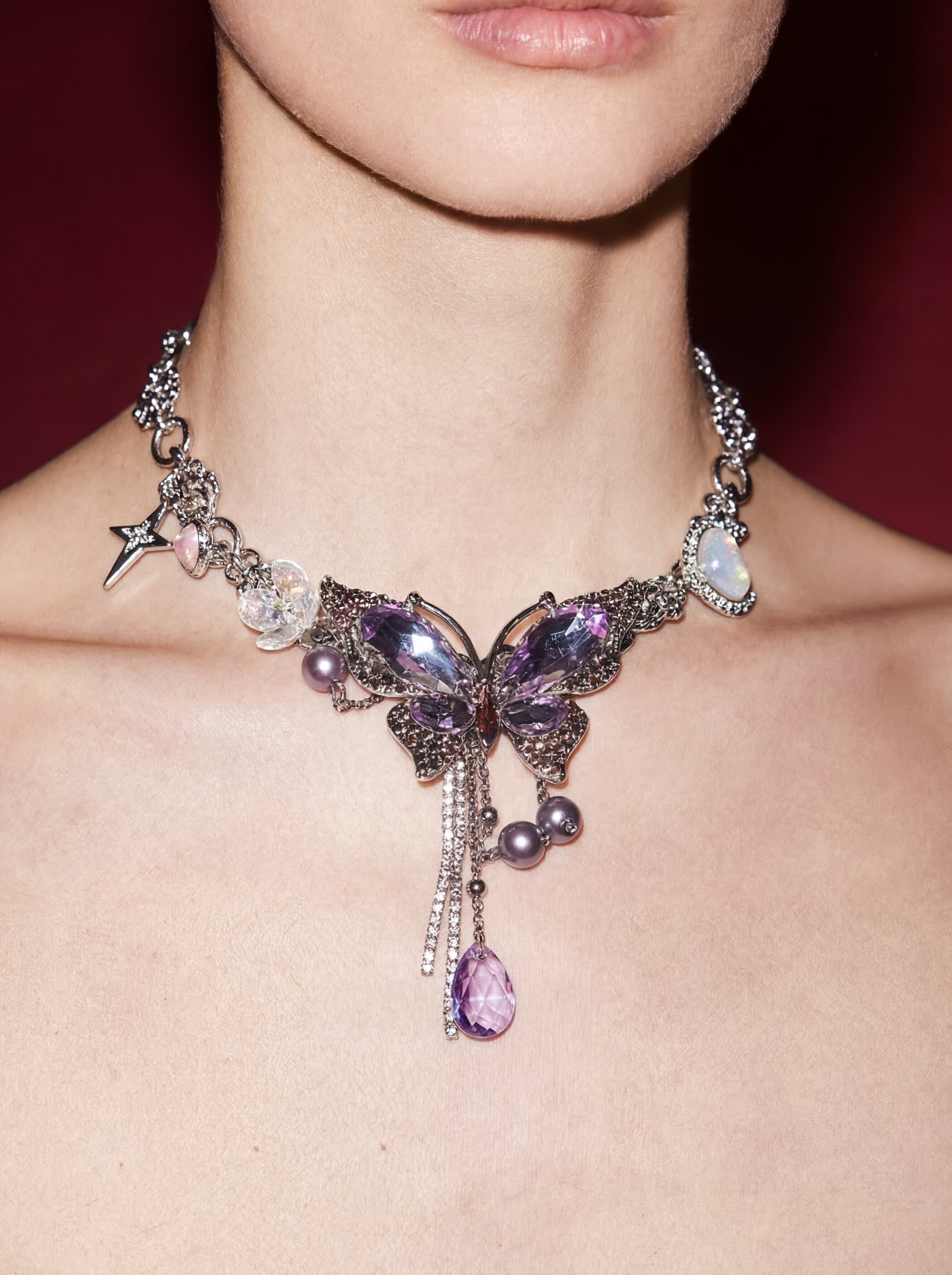 Purple Crystal Butterfly Necklace with Opal Charms & Amethyst Drop