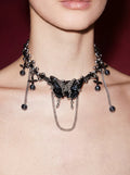 Black Crystal Butterfly Choker with Chain Drape & Bead Detail