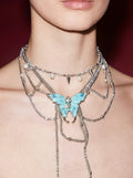 Multi-Layer Silver Draped Chain Necklace with Blue Butterfly & Spike Charms