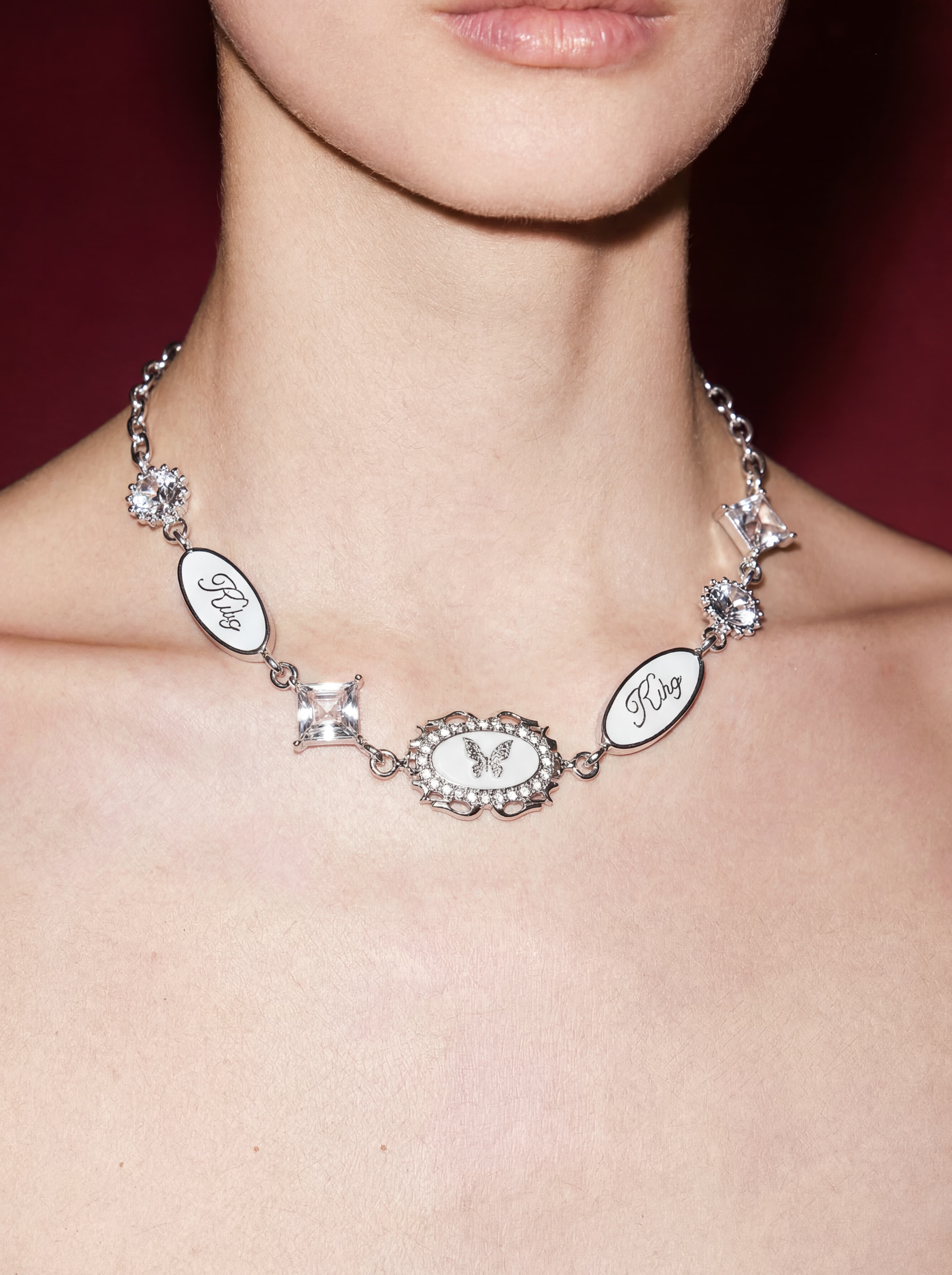 Silver Chain Choker with Enamel Plaques, Crystal Butterfly & Gem Stations